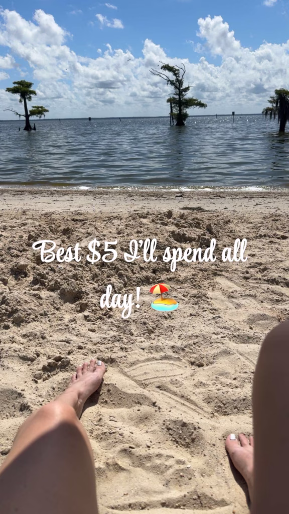 egs stretch out on a sandy beach looking towards a lake with cypress trees standing in the water under a partly cloudy sky.