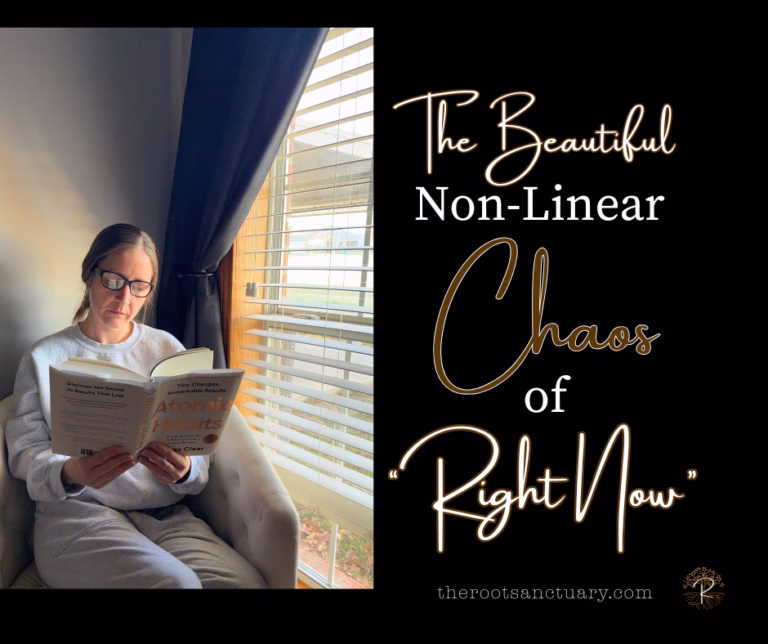 Andrée Hebert sitting by a window reading Atomic Habits, embracing the non-linear chaos of life and personal growth.