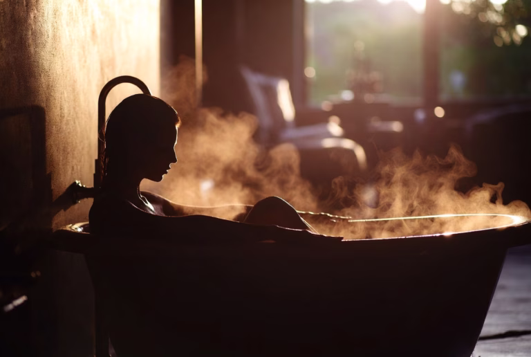Silhouette of a woman reclining in a warm, steamy bathtub with soft golden light — the quiet moment behind the truth about comparison